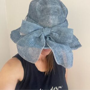 Rapunzel’s Blue Woven Wide Brim Euro Sun Hat Decorative Bow Coastal Cottagecore